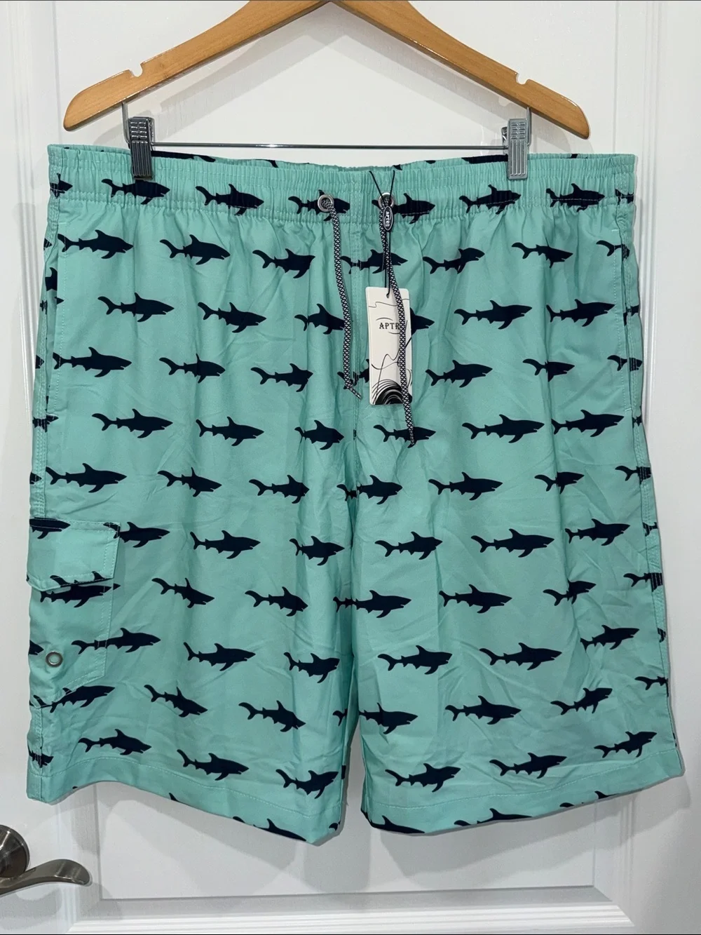 Aptro Mint Swim Shorts with black Shark Print size 3X lined
